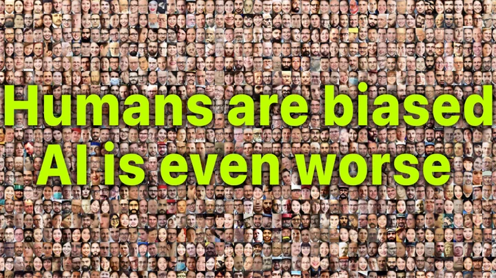 Graphic image of tiny headshots of people with text superimposed, Humans are biased, AI is even worse.