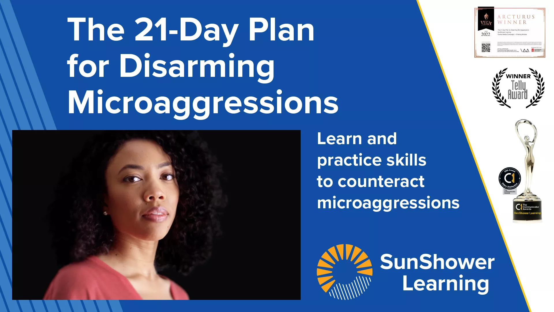 Thumbnail image with title, Inclusion in Action and text: Learn and practice skills to counteract microaggressions. Telly award seal.