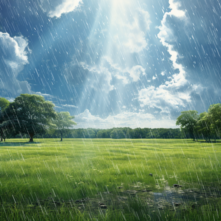 a photo of a green field with blue sky, rays of sunshine illuminating rain