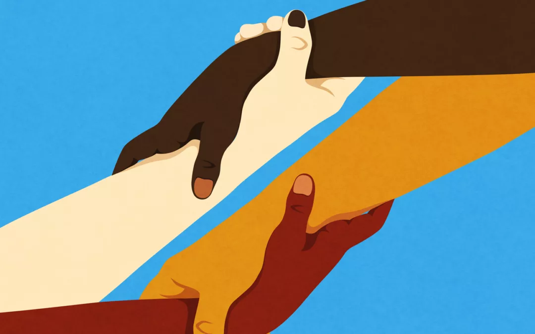 Interlocked hands and arms of varying skin tones