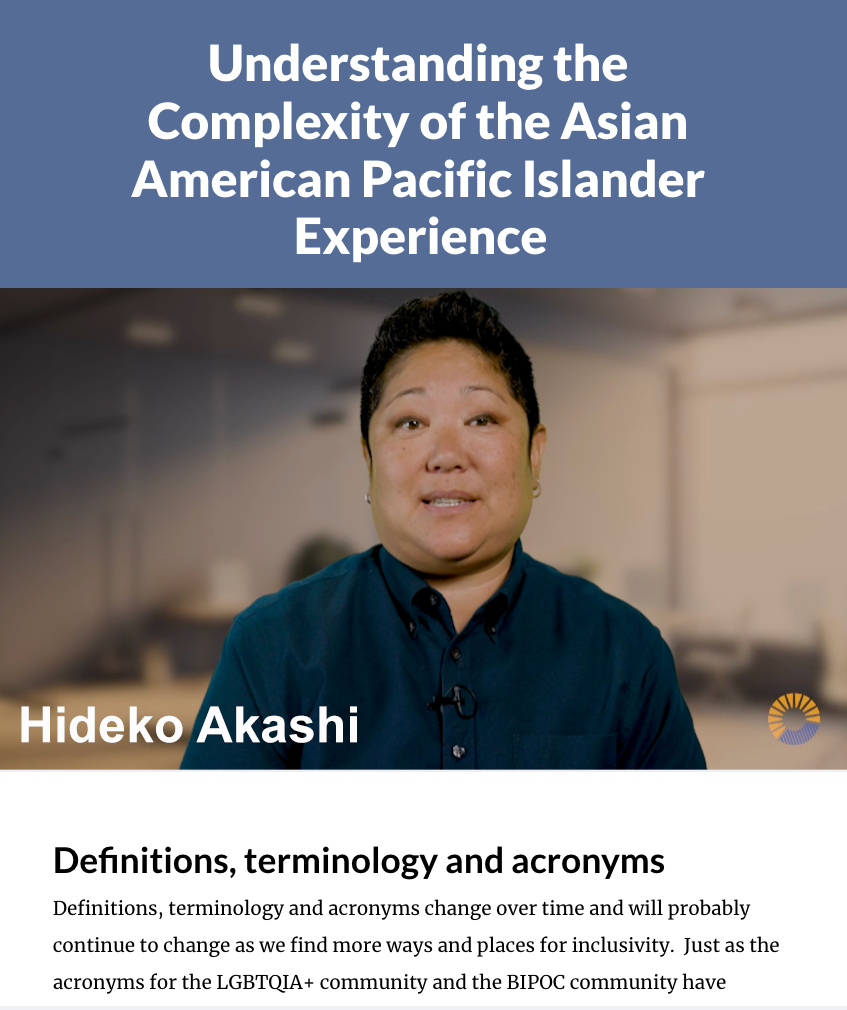 Photo of Akashi Hideko with title of the course, Understanding the Complexity of the Asian American Pacific Islander Experience